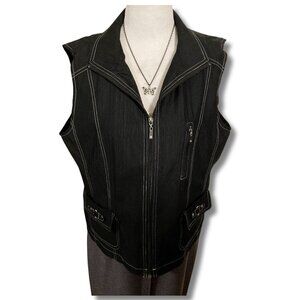 ALIA Black zip-up vest with white contrast stitching and pockets ~ MEDIUM LARGE